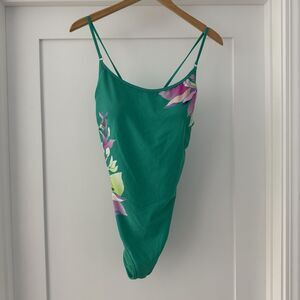 Athleta Floral One Piece Swimsuit XL Teal Green Tropical Hibiscus Strappy Back